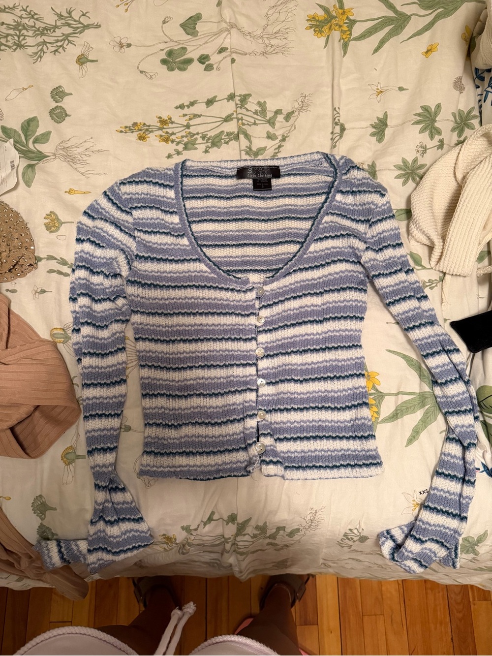 Striped Blue & White Button-Front Knit Cardigan Sweater